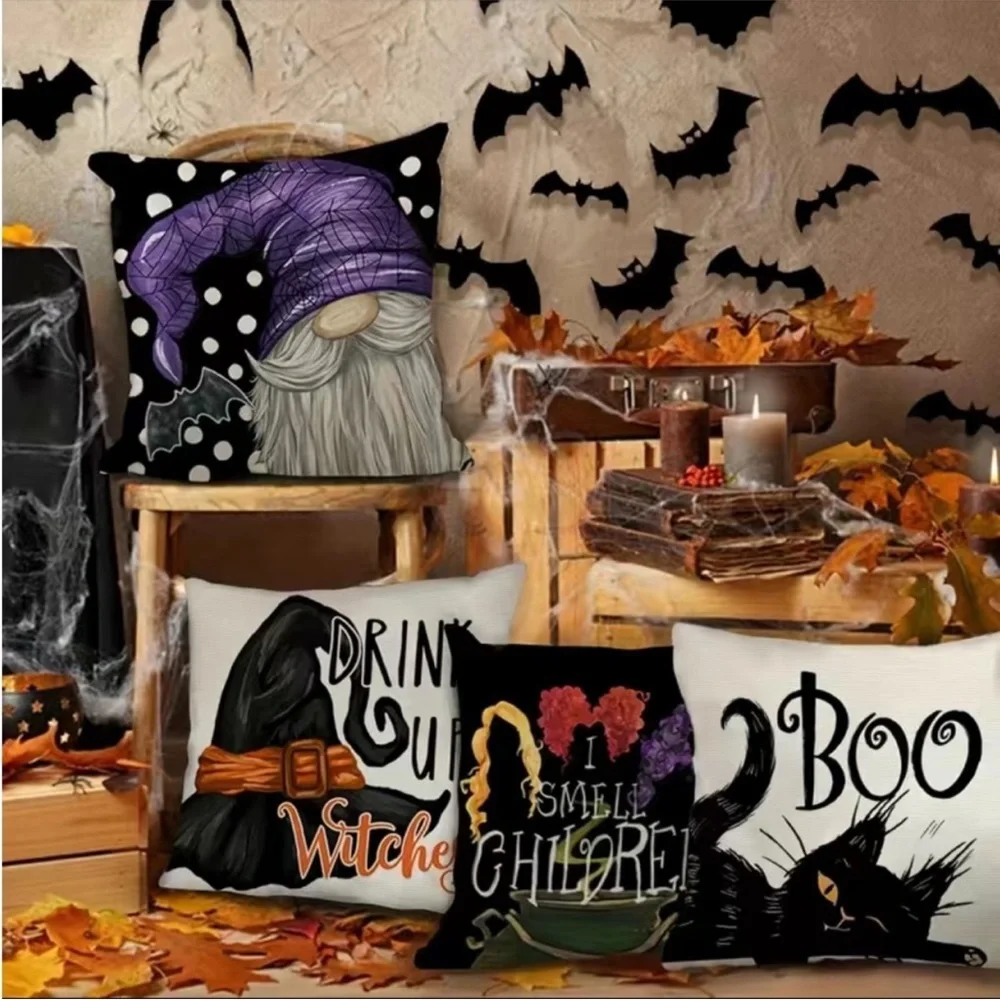 Set Of 4 Halloween Linen Blend Throw Pillow Case, Square Cushion Case, Decorativ